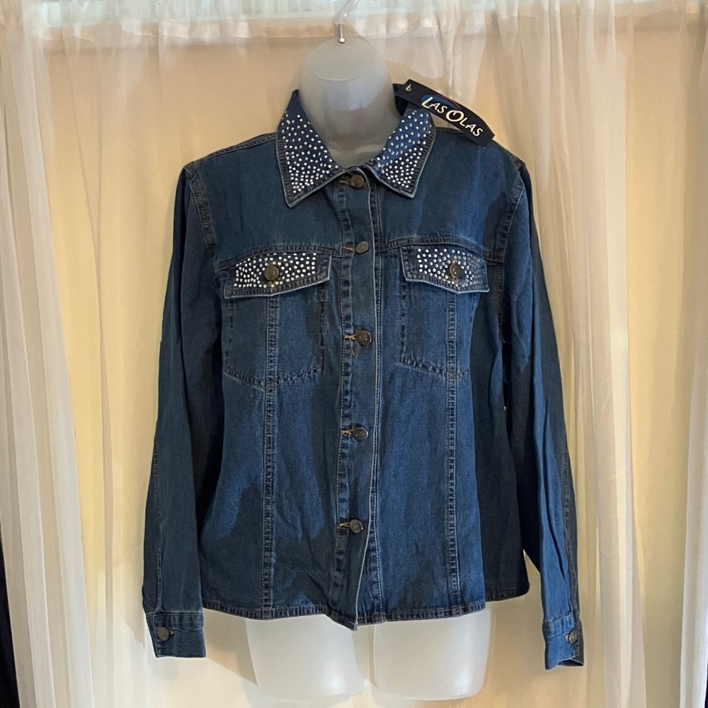 Las Olas Blue Denim Button Down Shirt with Studded Details Rhinestones
